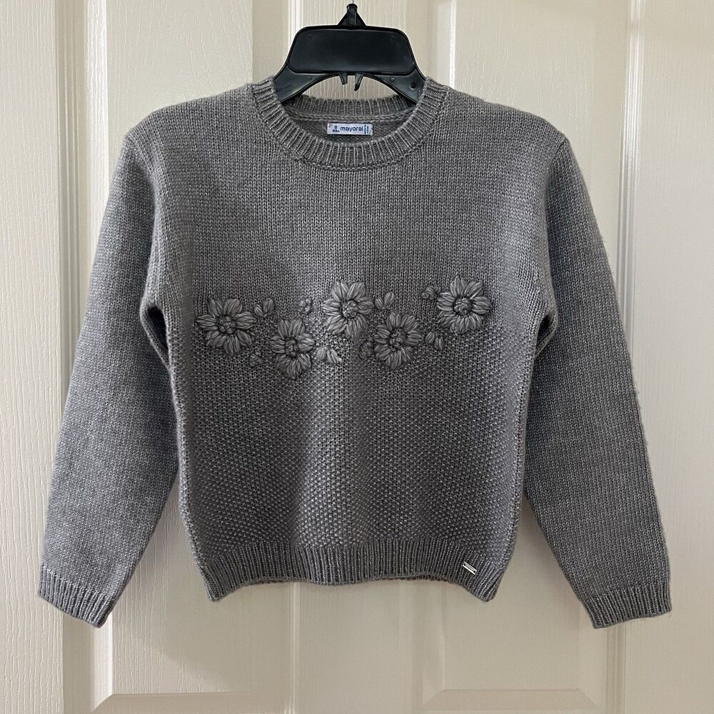 Mayoral Gray Metallic Floral Embroidered Sweater Girls Size 8